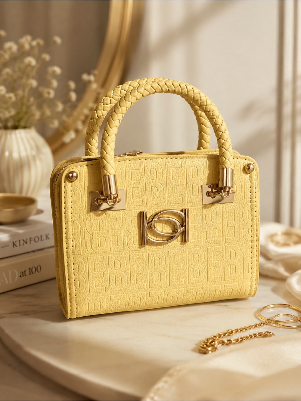 bebe Yellow Textured Satchel with Braided Handles